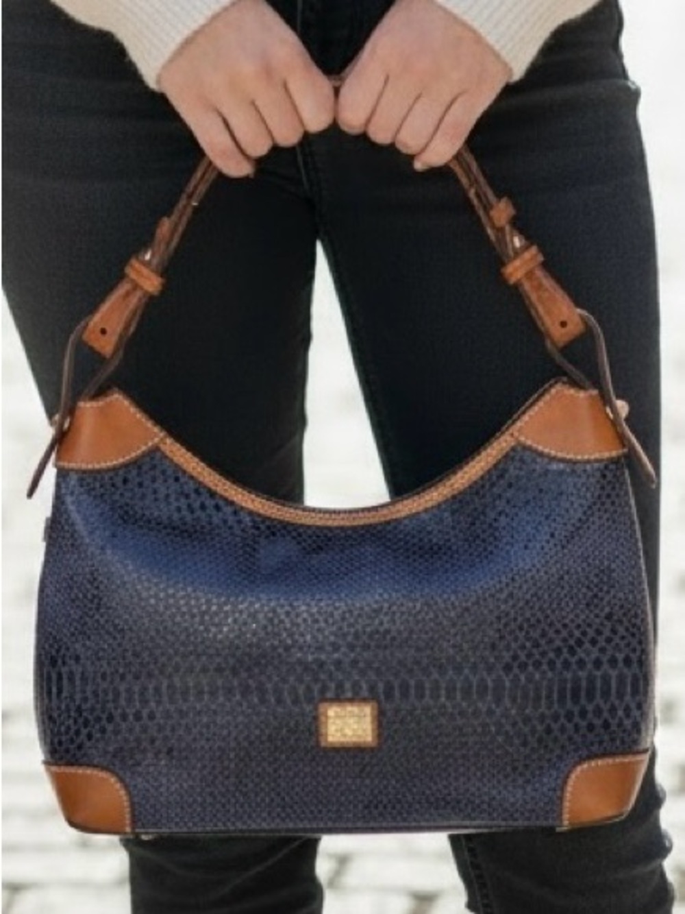 Dooney & Bourke Embossed Python Leather Hobo Shoulder Bag-Navy and British Tan